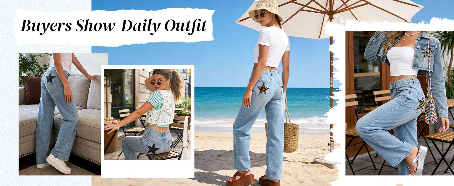 EMMIOL Women's High Waisted Jeans with Star Patches, Vintage Y2K Denim Pants