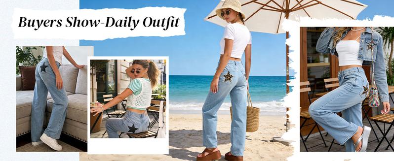 EMMIOL Women's High Waisted Flare Jeans with Star Patches, Vintage Y2K Denim Pants