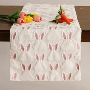 Easter Table Runner 72x13 Inch Soft Plush Faux Fur Jacquard Pink Ears White/Color  Rabbit Table Runner Seasonal Spring Easter Kitchen Dining Table Decoration for Home Party Decor