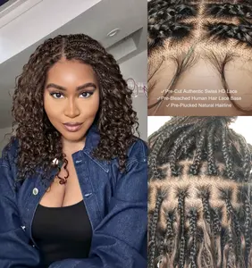 Kiki 16" Human Hair Curls Boho Box Braided Wig Glueless Pre Bleached Swiss HD Full Lace 100 Strands Soft Braids