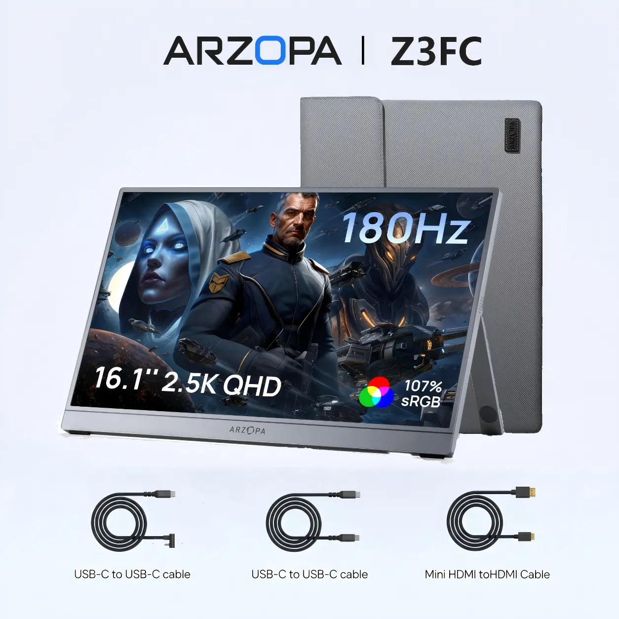 ARZOPA Z3FC 16.1" Portable Gaming Monitors – 2.5K QHD – 180Hz@DP, 144Hz@Hdmi, Ultra Slim External Display for Laptops Gaming PC PS5 Xbox Mac with Built-in KickStand & Dual Speakers – Gray