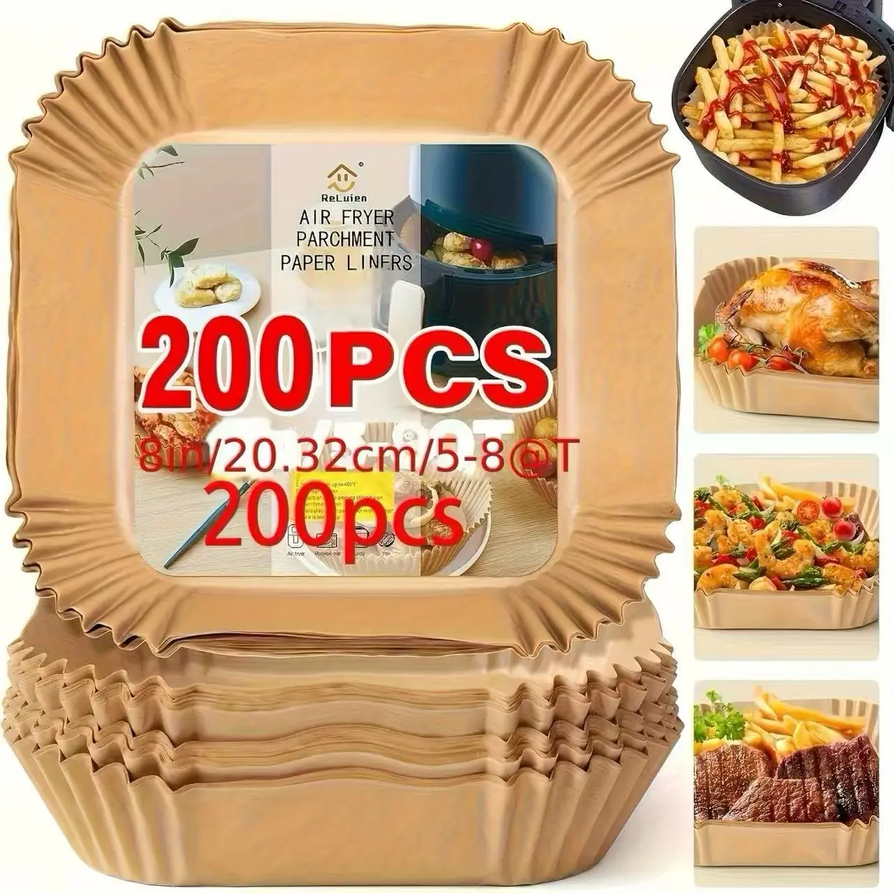200 Non-Stick Parchment Paper Air Fryer Liners - Leak-Proof, Oil-Resist., Non-Toxic High-Quality Trays, Ideal for Healthy Cooking, Baking, Halloween Kitchenware Bakeware Accessories