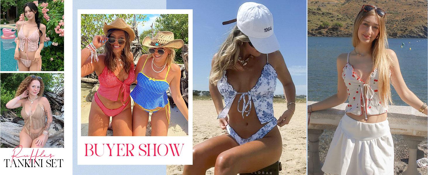 ZAFUL Tankini Swimsuits for Women Smocked Ruffles Tie Front Bowknot Textured High Cut Tanga Tankini Set