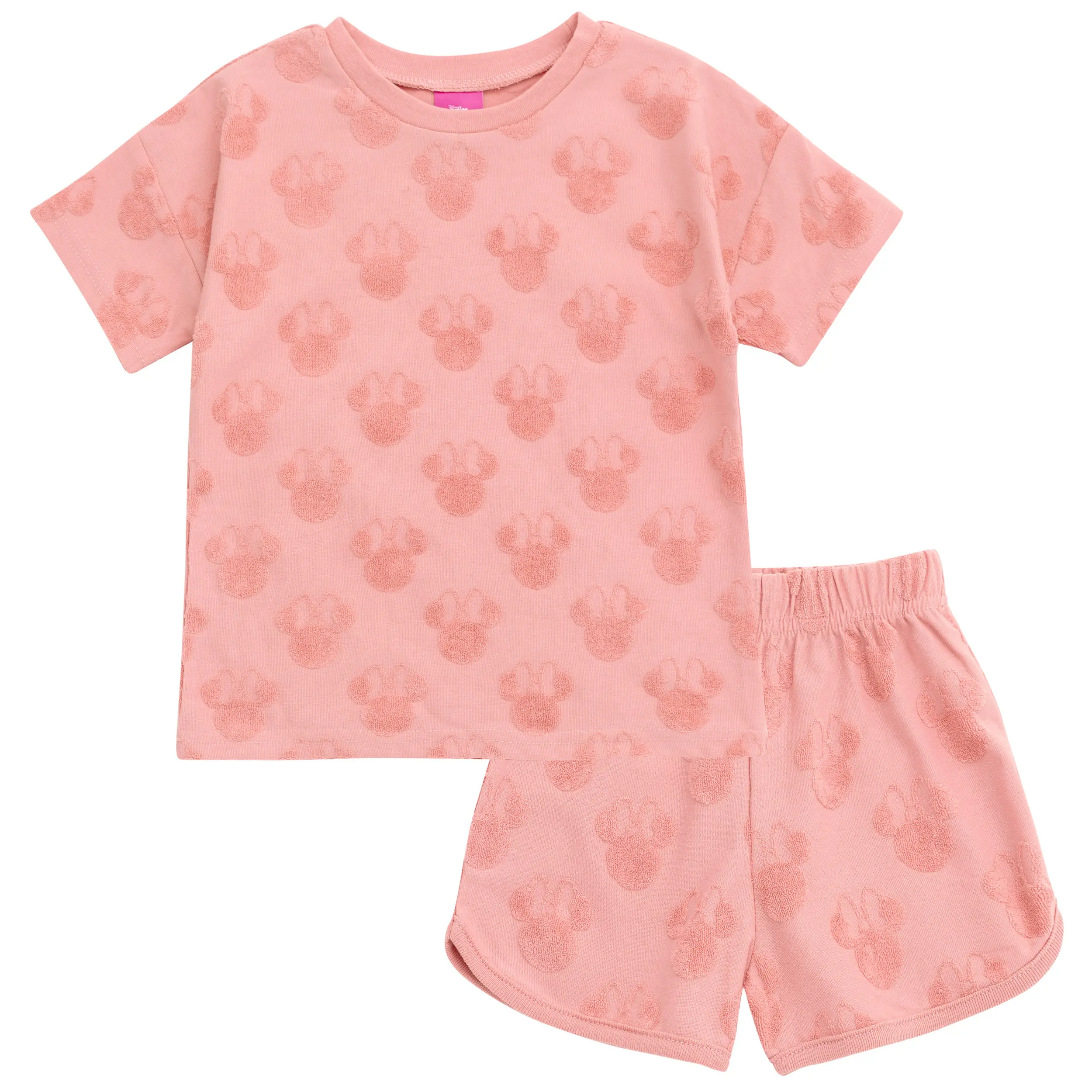 Disney Minnie Mouse Girls' 2-Piece Casual Wear Outfit - 3-4 Years, Drop Shoulder Loop Embossed Terry T-Shirt & Shorts Set (Toddler to Little Kid)