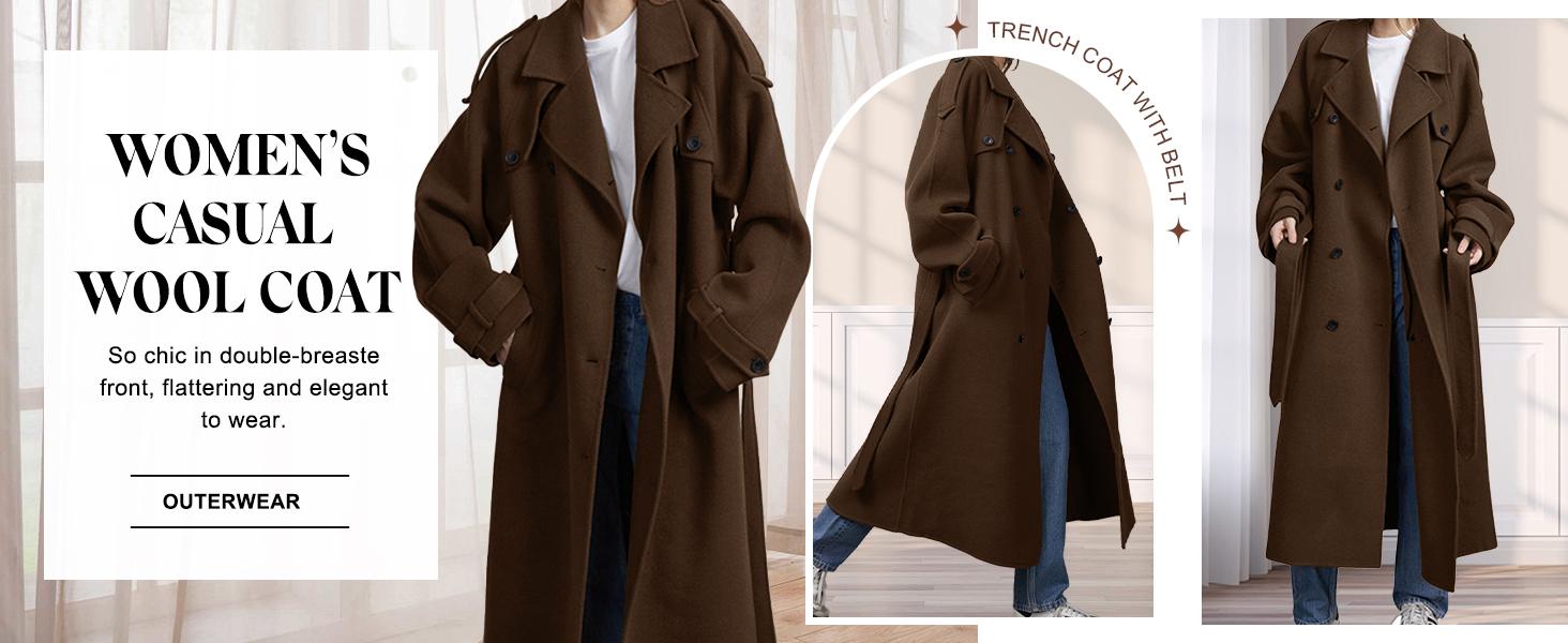 Chouyatou women's winter wool blend mid-length coat notched lapel double-breasted long-sleeved trench coat with belt SpringStatements