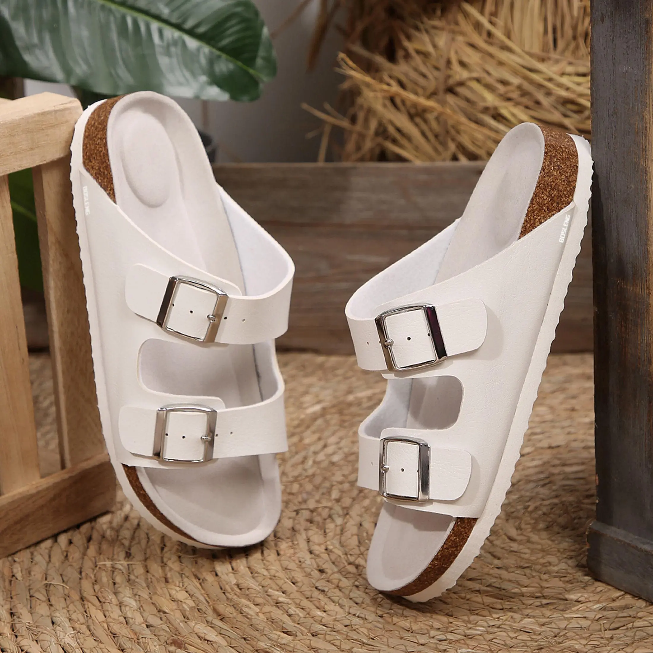 Women's Cork Footbed Double Buckle Slides Faux Leather Flat Slippers Indoor Outdoor Shoes