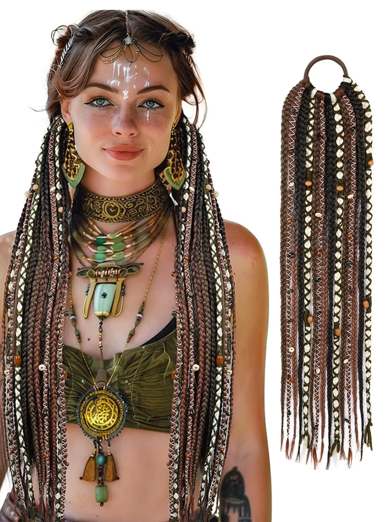 24 Inch Boho Braided Ponytail Extension, Boho Box Braids, Bohemian Box Braid, Hand-Braided Viking Dreadlock, Beaded Synthetic Hairpiece, Women's Festival Cosplay Accessory