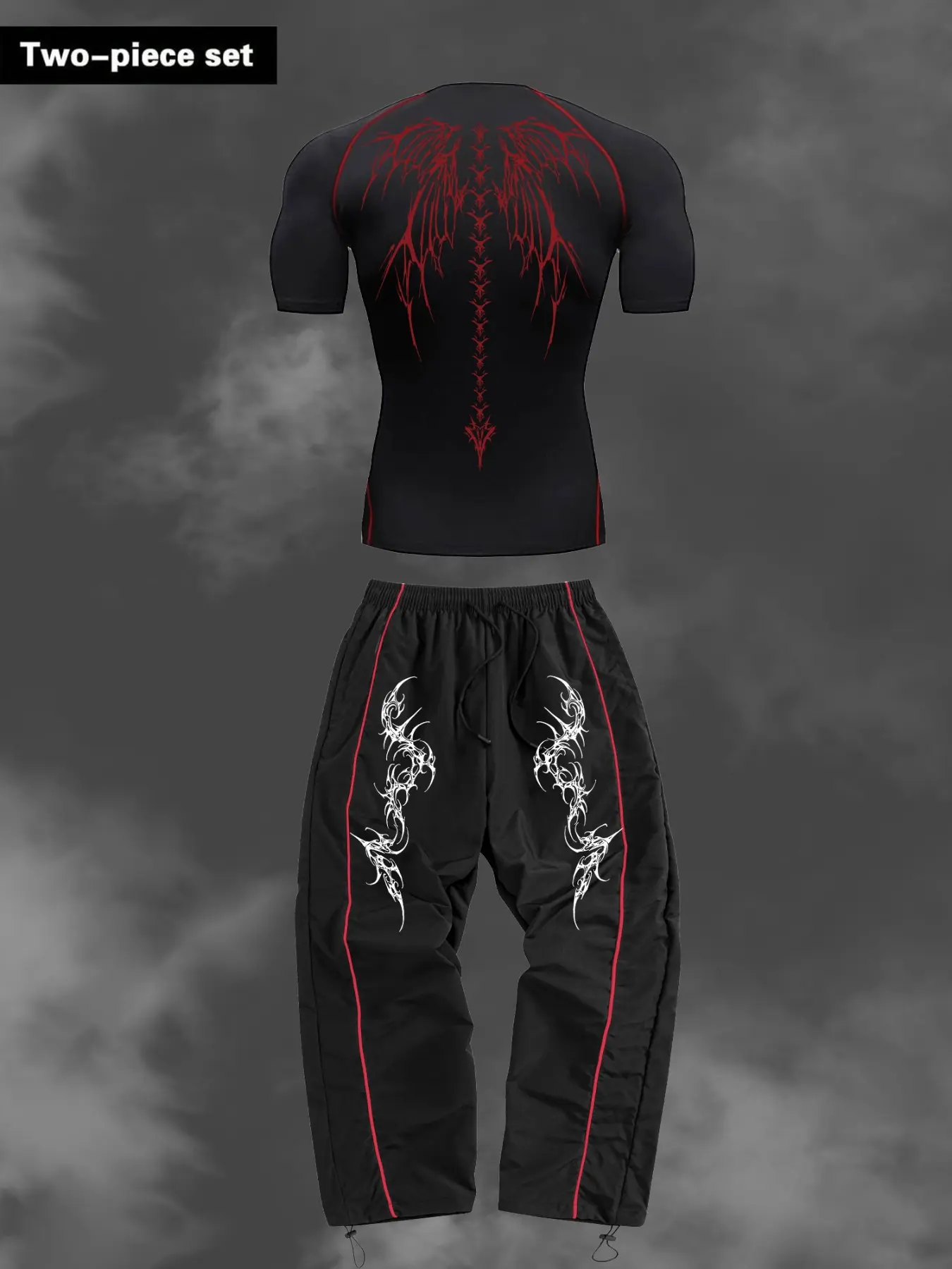 Men's Sporty Fitness Set, Wings Print Y2K Style, Quick-Dry Short Sleeve Tight Tee & Drawstring Elastic Waist Pants, for Gym, Running & Hiking, Athletic Sets
