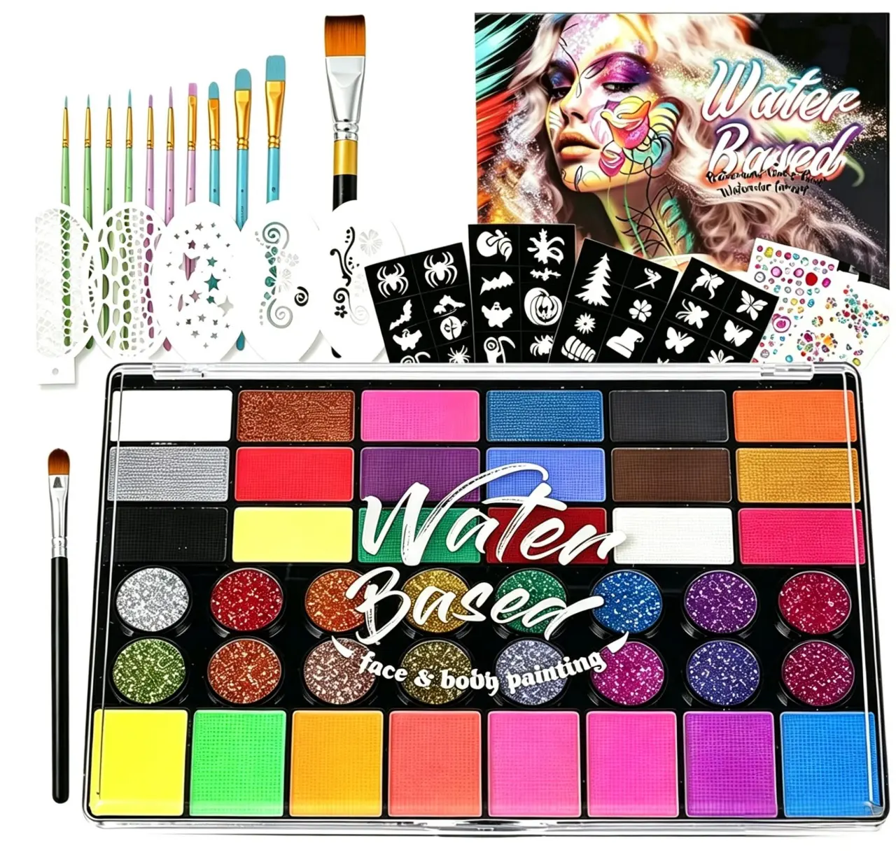 Professional Face Body Paint Palette 42 Colors Non-Toxic Safe Gentle Ingredients Water Based Face Painting Kit with Large White Black & Neon Glow UV Facepaint SFX Face Paint Kit Cosmetic Quality for Halloween Party Costume Cosplay Stage Kids Makeup Blend