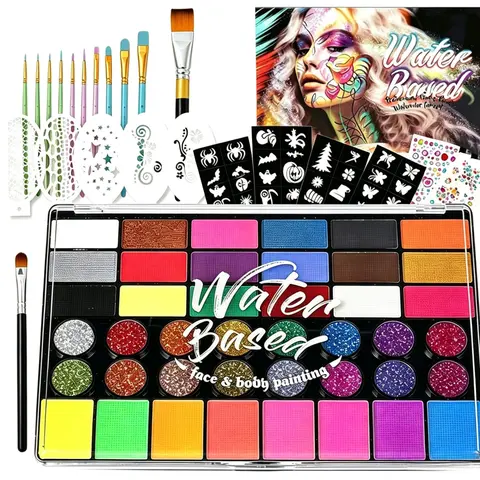 Professional Face Body Paint Palette 42 Colors Non-Toxic Safe Gentle Ingredients Water Based Face Painting Kit with Large White Black & Neon Glow UV Facepaint SFX Face Paint Kit Cosmetic Quality for Halloween Party Costume Cosplay Stage Kids Makeup Blend