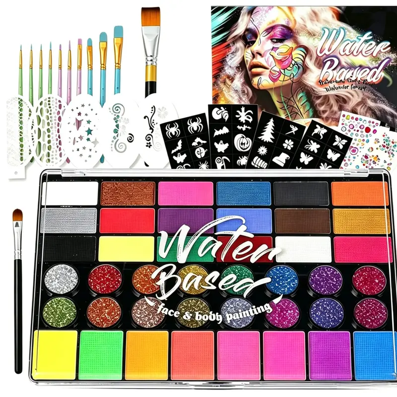 Professional Face Body Paint Palette 42 Colors Non-Toxic Safe Gentle Ingredients Water Based Face Painting Kit with Large White Black & Neon Glow UV Facepaint SFX Face Paint Kit Cosmetic Quality for Halloween Party Costume Cosplay Stage Kids Makeup Blend