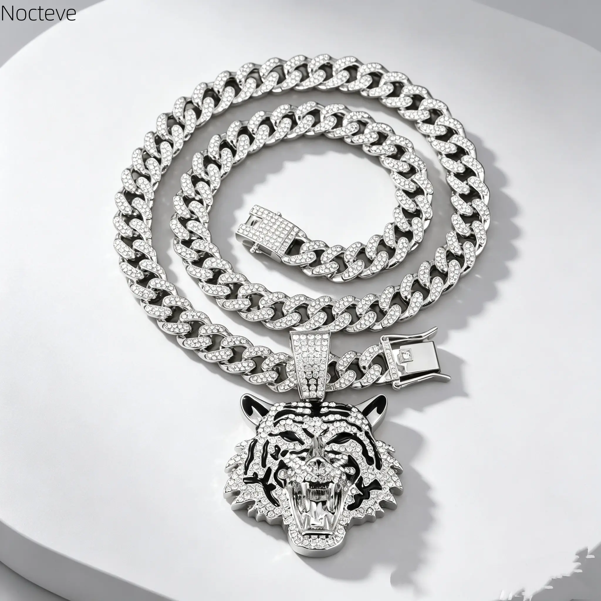13mm Cuban Chain Necklace with Full Rhinestone Tiger Head Alloy Pendant, European American Hip Hop Decor Jewelry