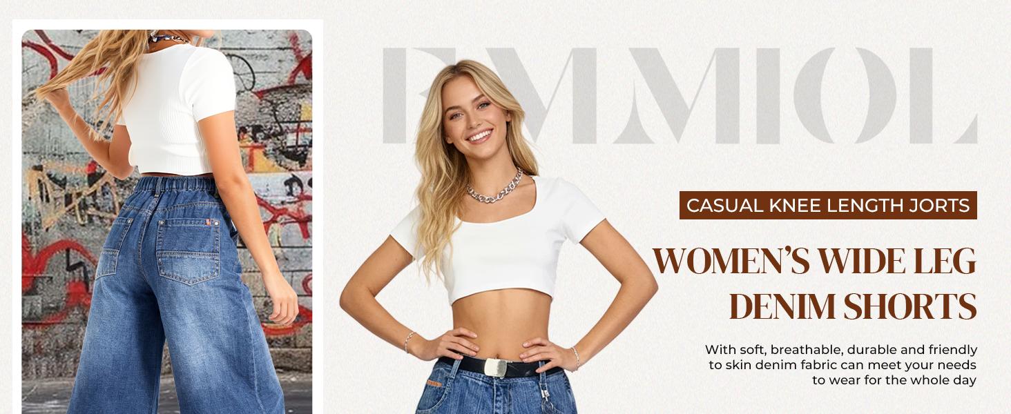 EMMIOL Baggy Jorts for Women Wide Leg Denim Shorts Y2k Mid Rise Bermuda Streetwear Boyfriend Jean Shorts with Pockets