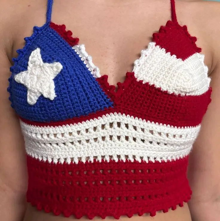 Flaminia Top - Crochet Halter Neck Crop Top with Red, White, and Blue Design, Featuring Star and Heart Motifs