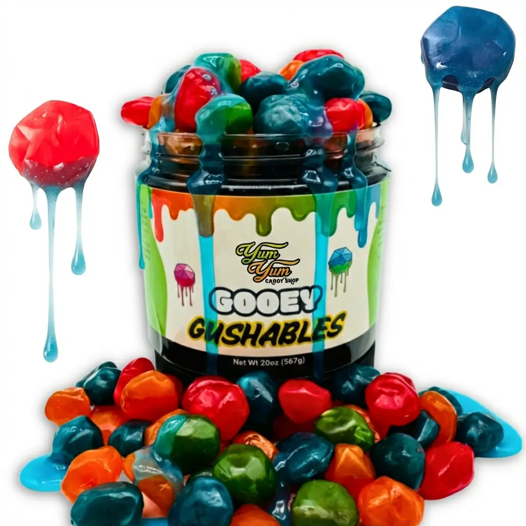 Gooey Gushables - Juicy Fruit Snacks in Sour Blue Raspberry Goo Jar Sweet Fruity Center Tangy Flavor Perfect for Sharing