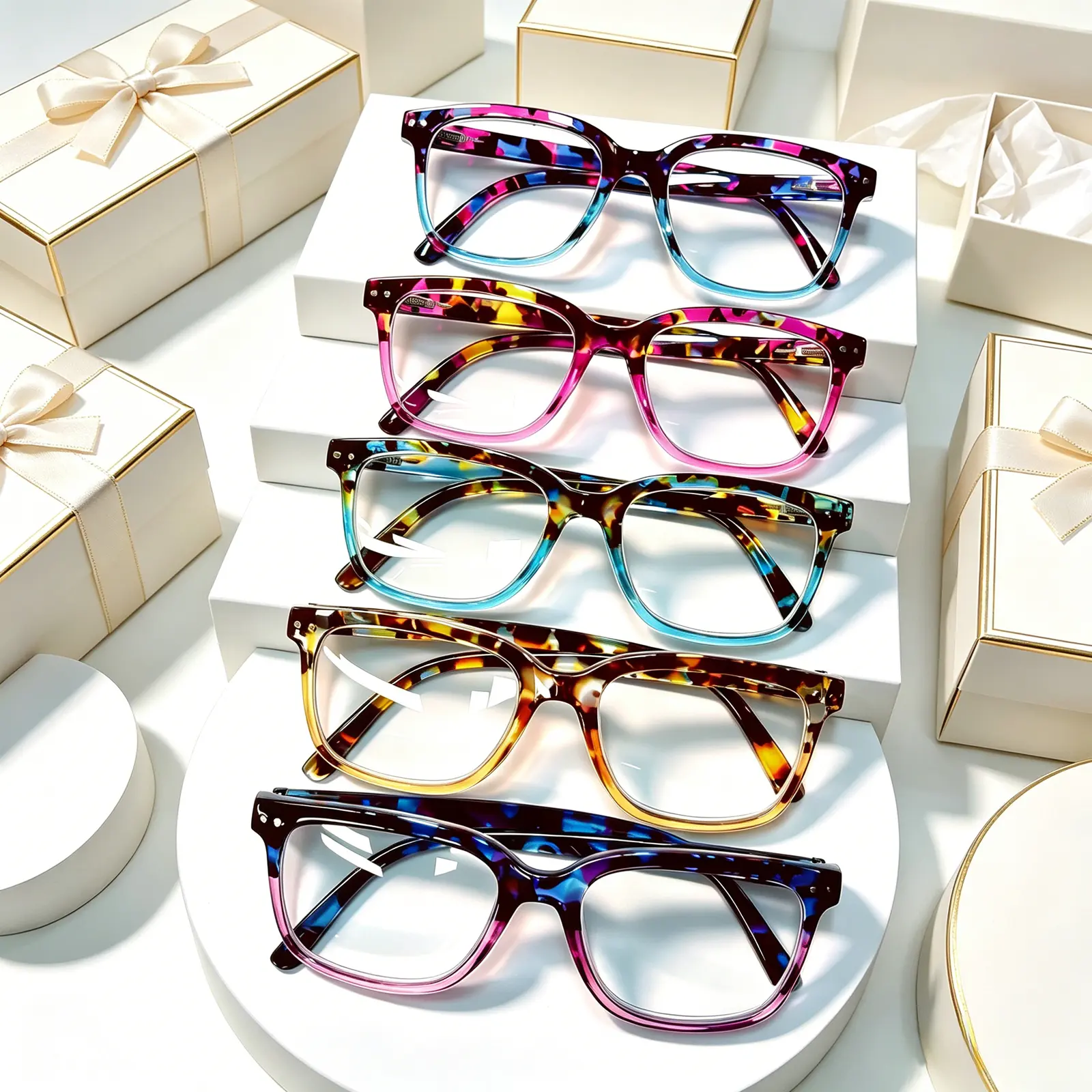 Unisex 5-Pack Full Rim Square Tortoiseshell Blue Light Blocking Lens Reading Glasses - Spring Hinged, PC Frame, +0.0 to +6.0 Strength, Ideal Festival & Birthday Gift, Polycarbonate Eyewear Accessory, Pc Plastic