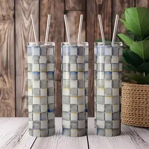Mackenzie Childs Sterling Check Tumblers Blanks Skinny 20 OZ Straight Bulk Stainless Steel Cups with Metal Straw and Lid for Tumbler