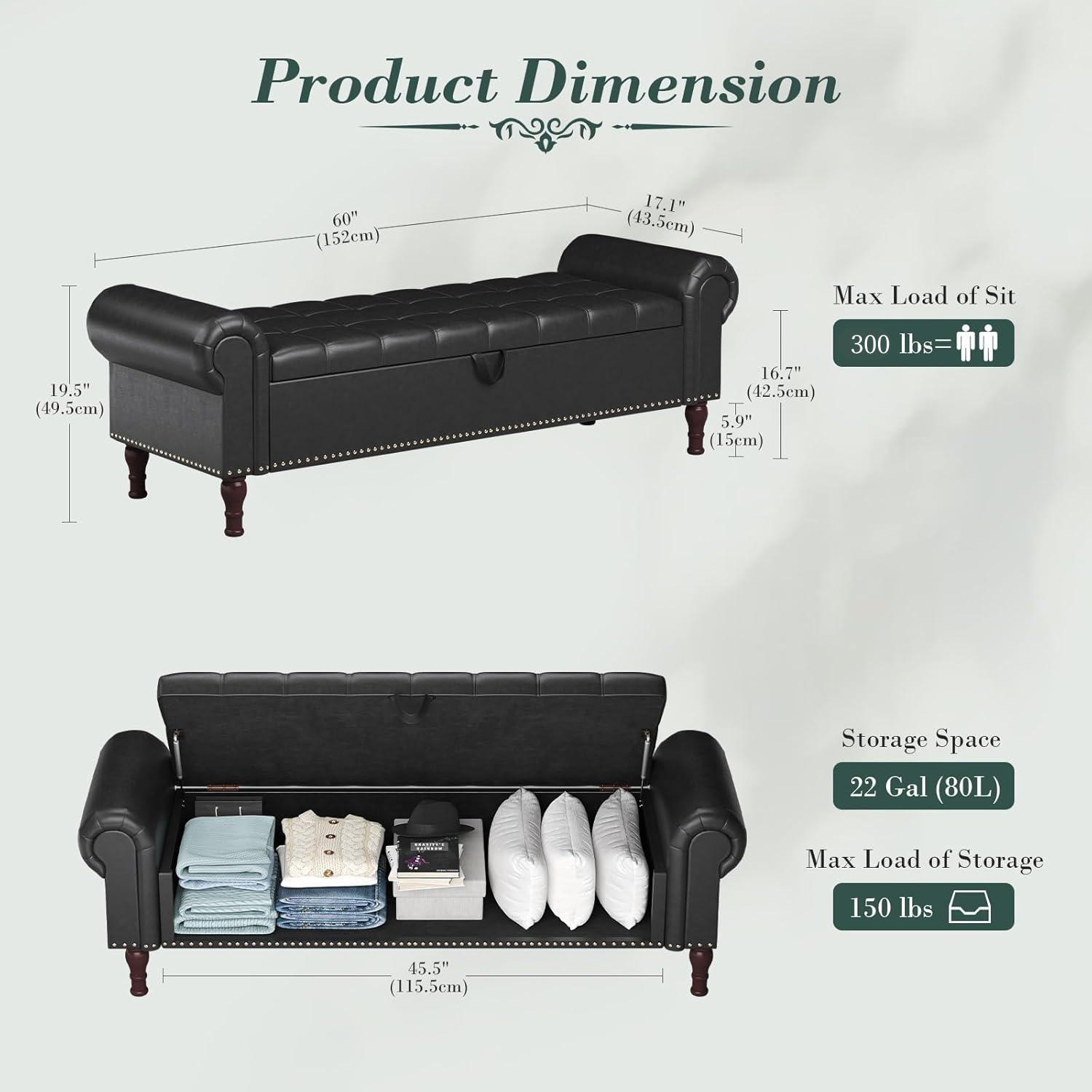 Apicizon 60”Ottoman with Storage, End of Bed Storage Bench with Tufted Button, Upholstered Sitting Bench for Front Door Entrance,Bedroom,Living Room