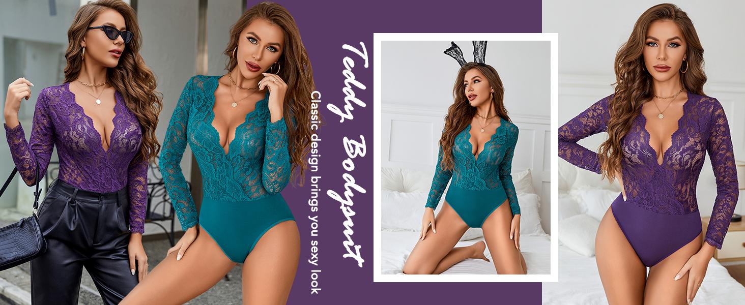 Avidlove Lace Bodysuit for Women Long Sleeve V Neck Body Suits Going Out Tops Snap Crotch One Piece Lingerie SpringStatements