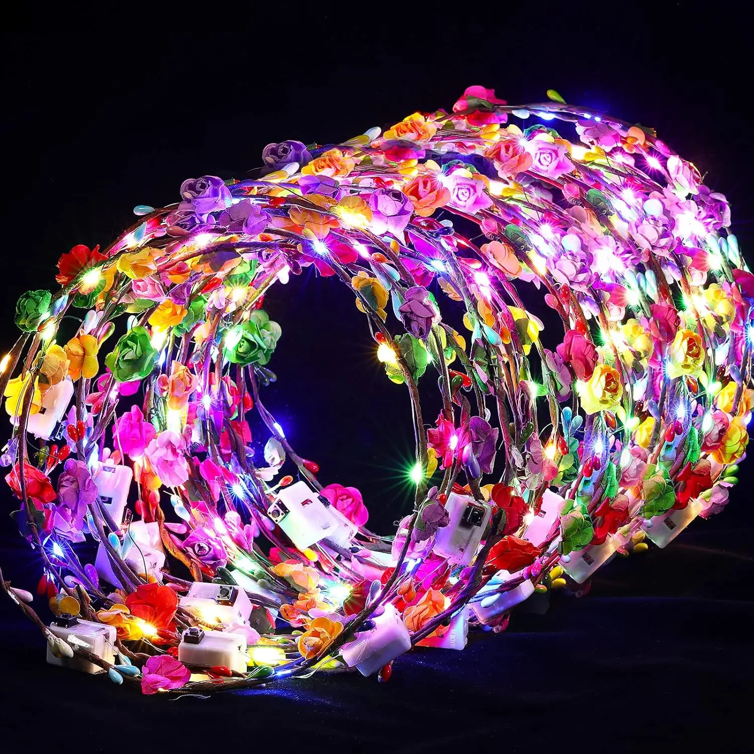 MICRENCY 30-Piece Unisex 28x28cm Silk Flower Sparkle LED Light-Sensing Headbands - Light Up Headdresses, Festive Party Supplies for Carnival, Birthdays, Led Lights