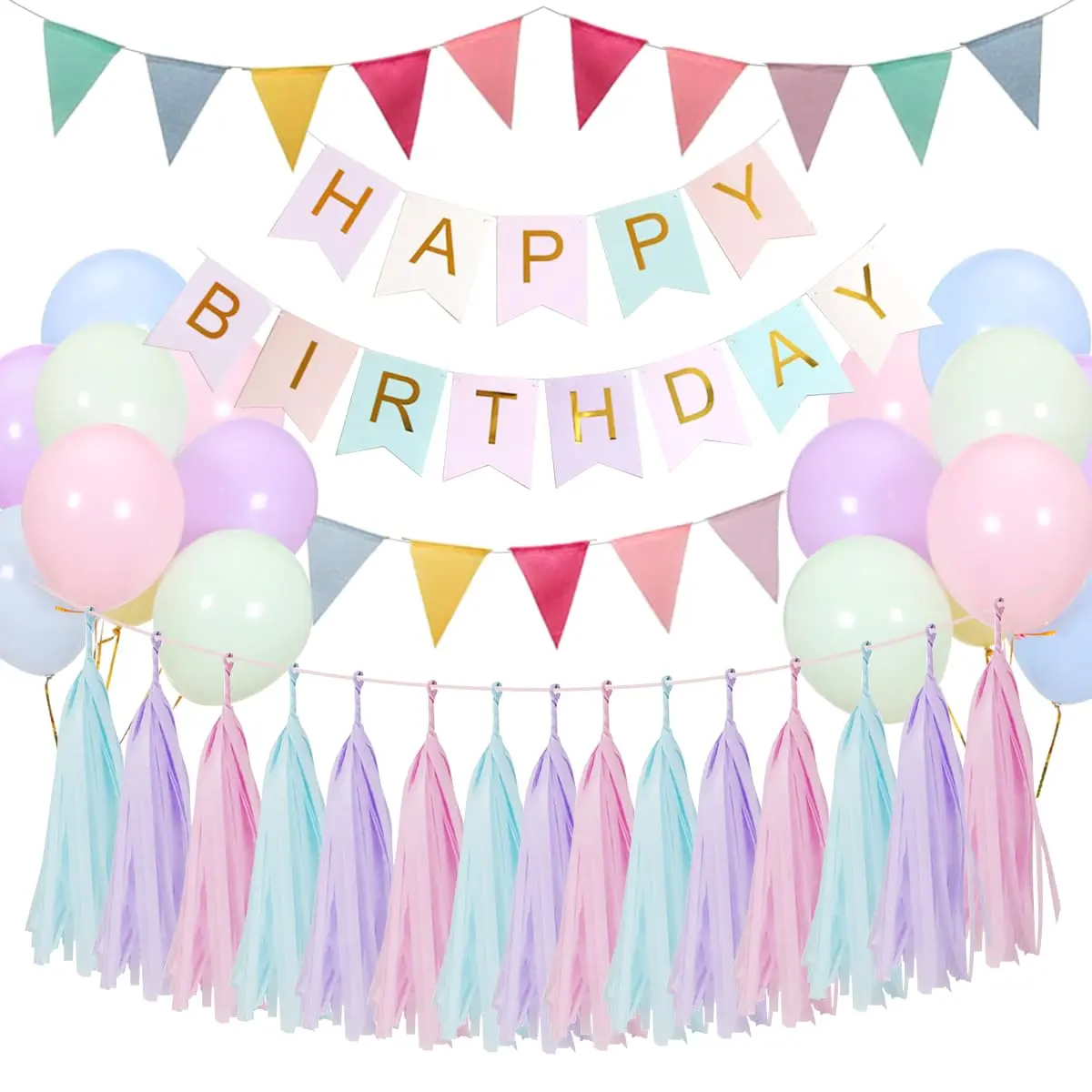 Pastel Birthday Decorations for Girls Women, Pastel Balloons & Birthday Bunting, Macaron Happy Birthday Banner & Latex Balloons, Birthday Party Decorations for Children Indoor & Outdoor