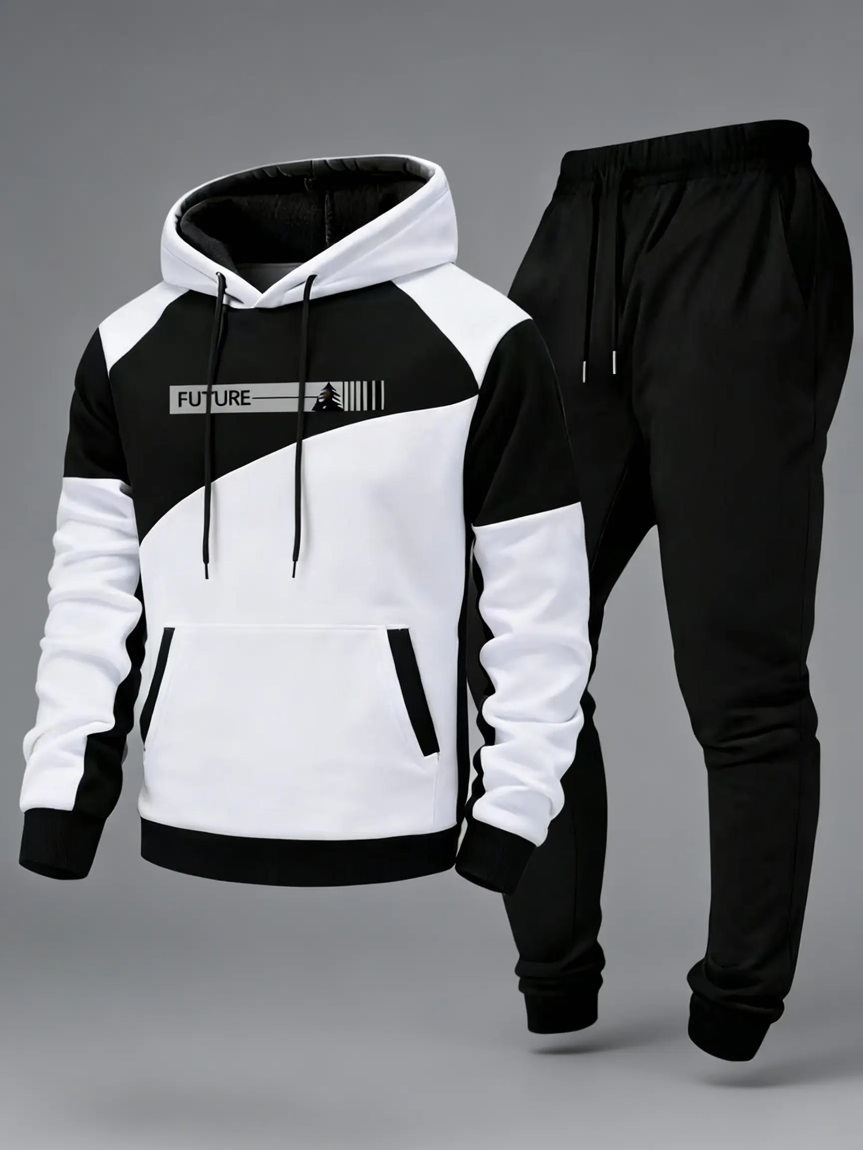 Men's 2-Piece Athleisure Wear Set - Long Sleeve Hoodie & Sweatpants Matching Tracksuit, Color Blocking Contrast Binding, Letter Print, Fitted Cut, Athletic Casual Mensfashion Outfit, Size M