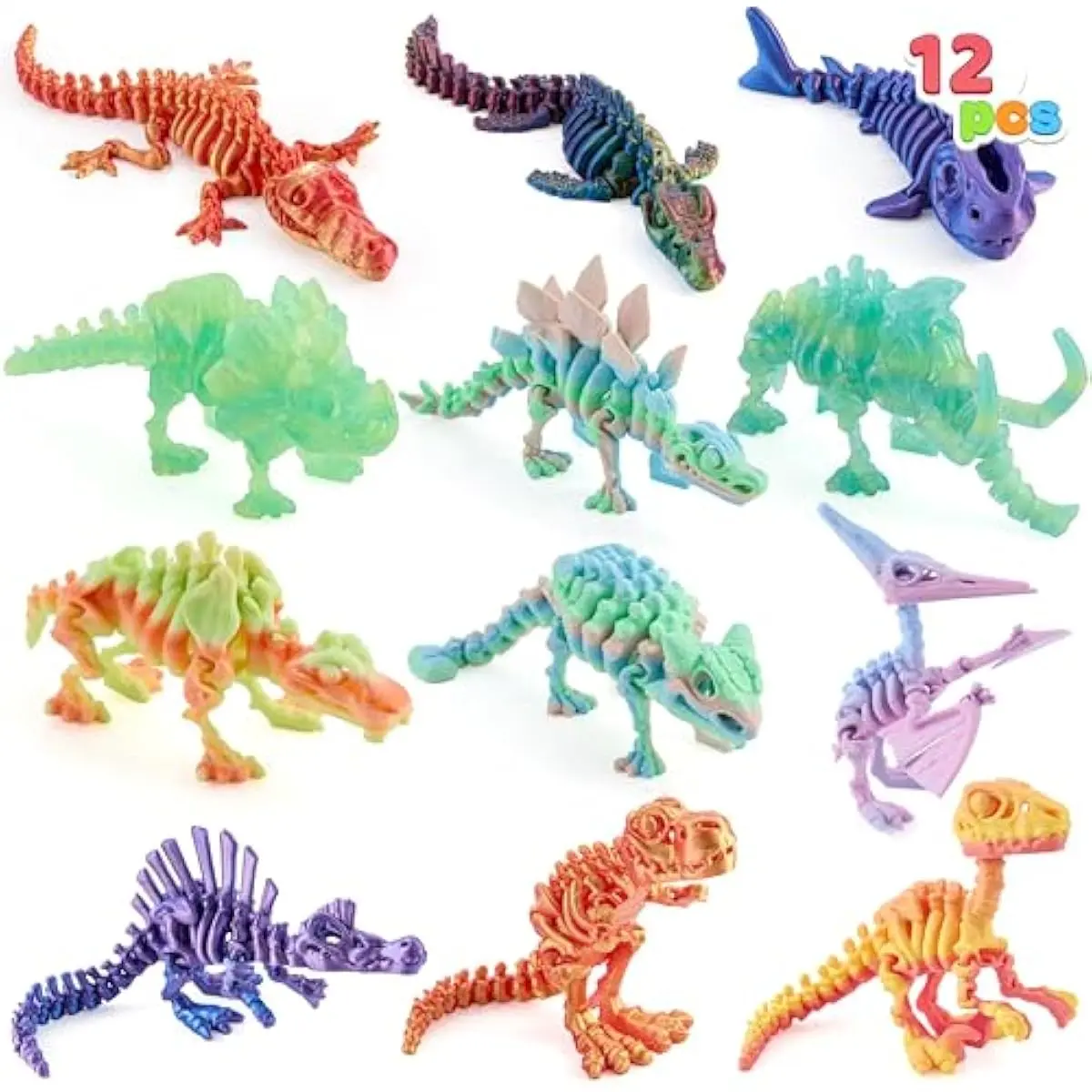 12 Pcs 3D Printed Dinosaur Fidget Toys, Articulated Skeleton Animals Dinosaur, Flexible Dinosaur Skeleton Model, 3D Printed Toys for Kids Party Favors