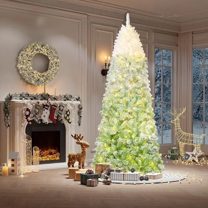 Gaomon 7.5ft PVC Flame-Safe Fluffy Snow-Flocked Pencil Christmas Tree - Space-Saving Pencil Shape, Green Gradient, Stable Metal Stand, Flexible, Easy Fluffing, Easy Installation, Skinny Indoor Holiday Decor for Home, Party Use, Party Decor