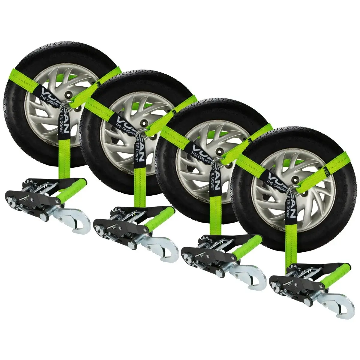 VULCAN Car Tie Down with Snap Hooks - Lasso Style - 2 Inch x 96 Inch - 4 Pack - High-Viz - 3,300 Pound Safe Working Load Harness Tow Webbing Tire