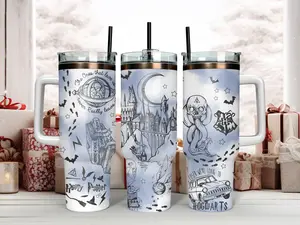 Wizarding School 40oz Tumbler with Handle | Magical World Doodle Art Travel Mug with Straw | Premium Insulated Sorcery Fan Gift Idea