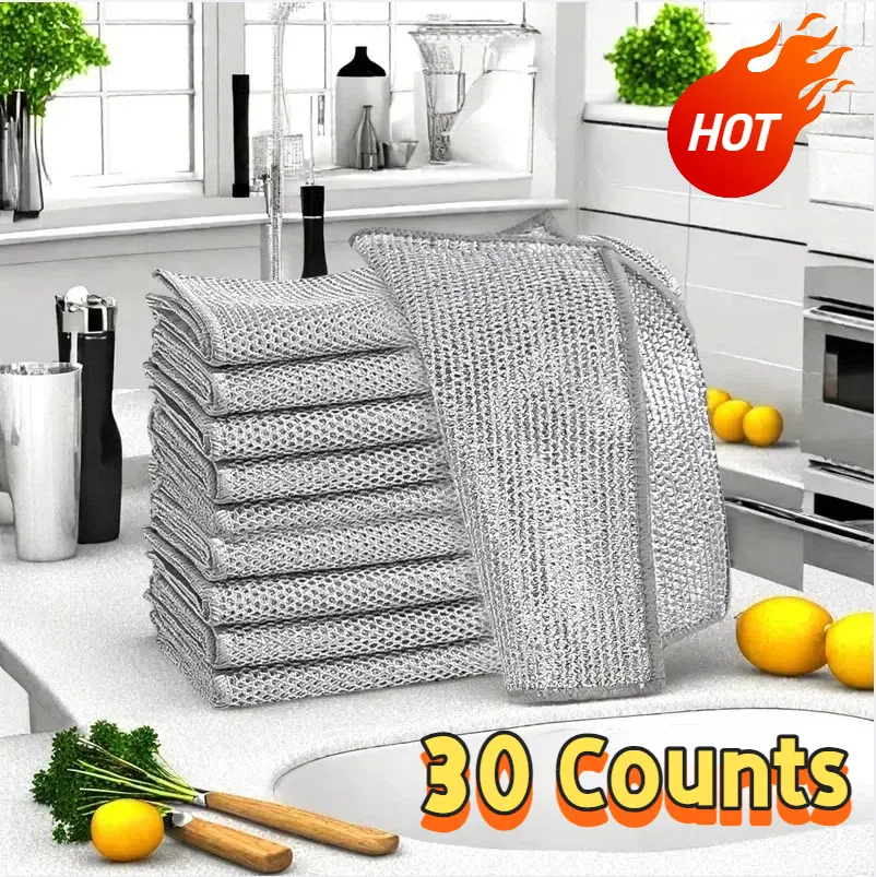 Double-Layered Metal Wire Mesh Dishcloth Set - 30-Piece Durable Non-Scratch Home Care Rags, 10-Count Packs, Reusable Mesh Texture Cloths (20x20x0.5 cm, 20x20cm) for Dishes, Kitchen Cleanup