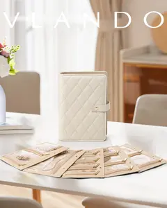 VLANDO Travel Jewelry Organizer Case Cream White Portable  with 5 Loose-Leaf Pages & Clear Zipper Velvet Pouches for Rings Necklace Earrings Multilayer Storage, Collapsible Storage Organizer