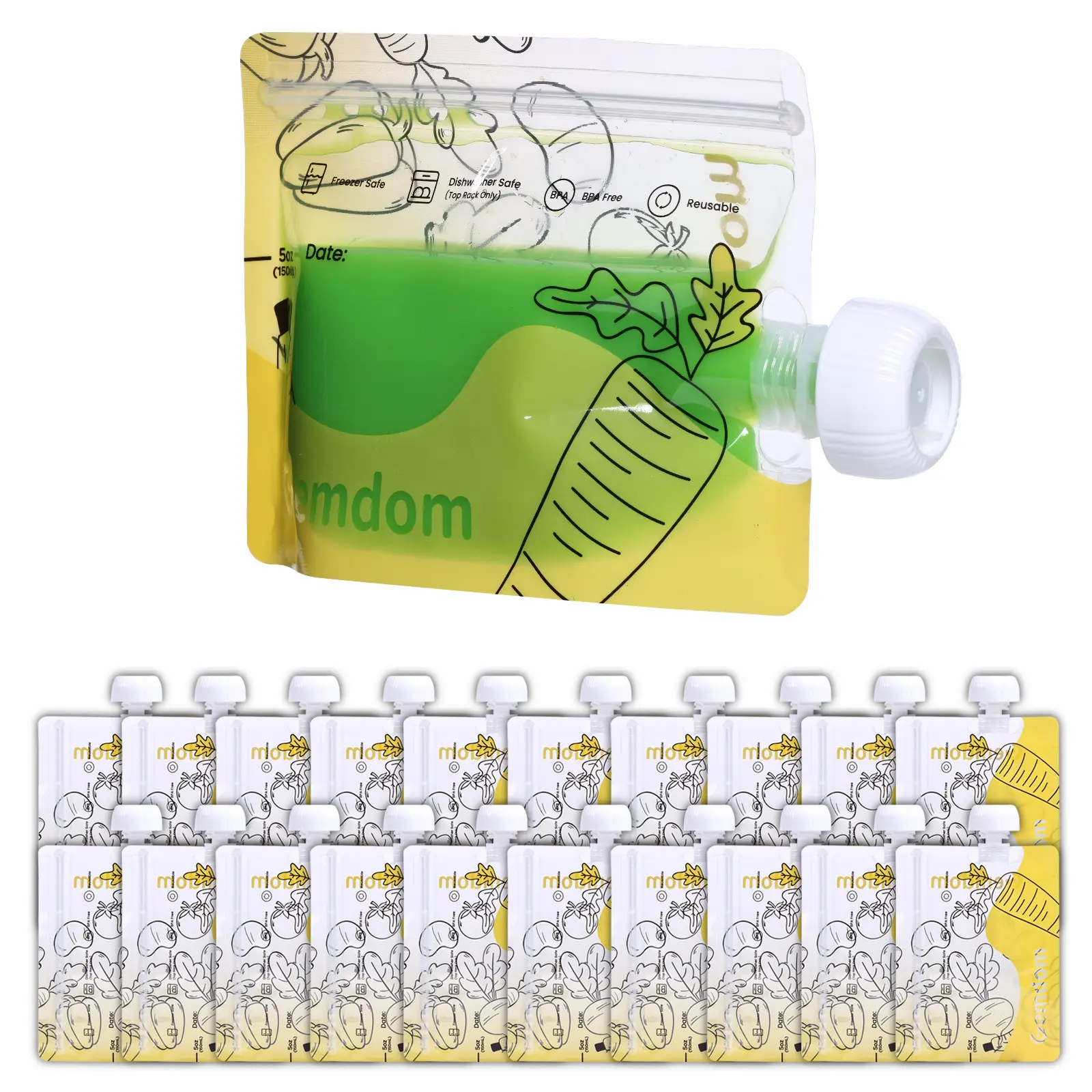Gemdom 20 Pack Reusable Food Pouches, 5oz BPA Free Square Squeeze Pouches for Kids & Toddlers, Leakproof & Refillable for Homemade Baby Food, Smoothies & Snacks on the go, Purees, Clip On, Baby Toddlers
