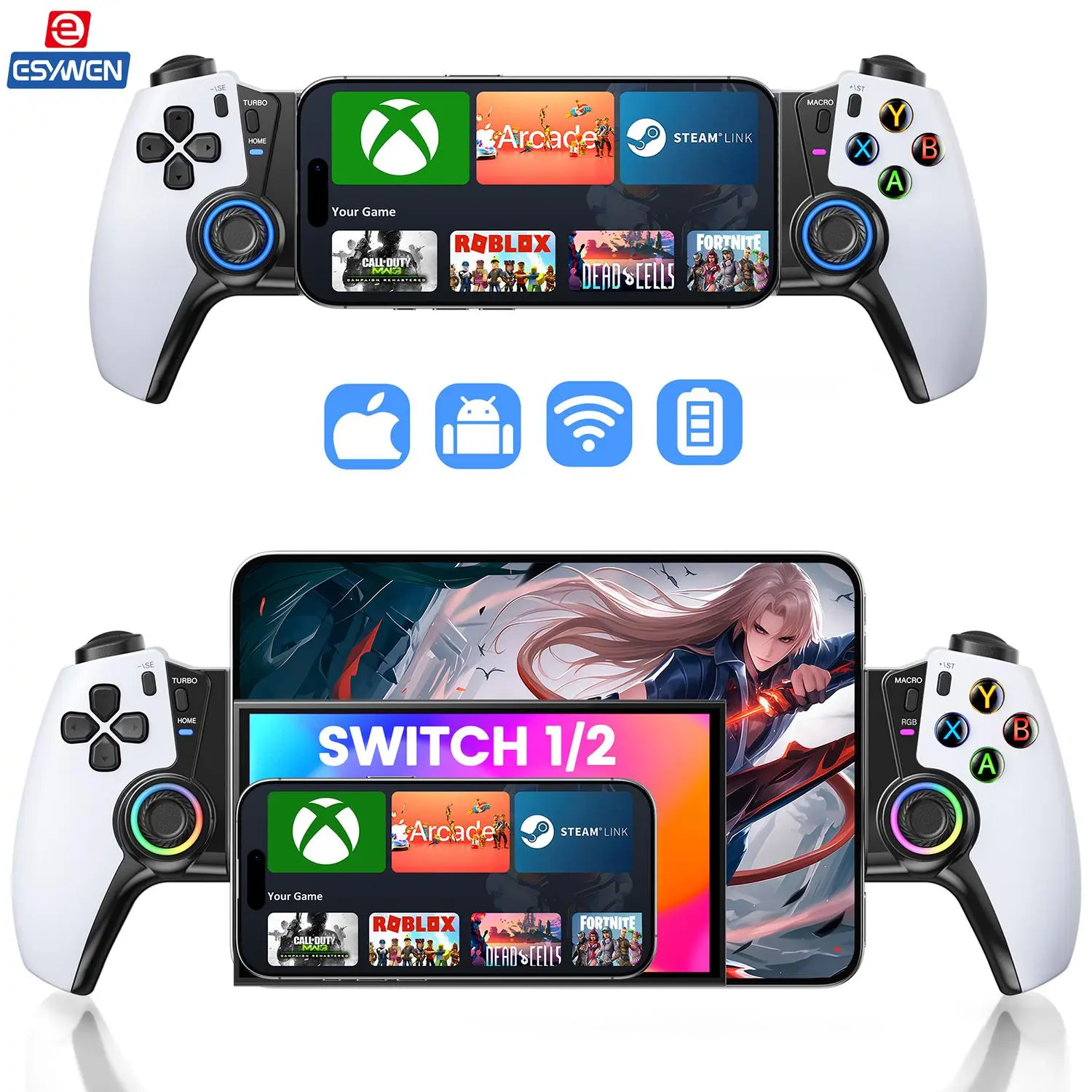 ESYWEN Bluetooth Mobile Game Controller - Accessories for Smartphone, Android, iPhone 15/16 Series, iPad Mini (USB-C Port), Switch 1/2 - Turns Device into Gaming Console for Xbox, Steam Link, GeForce Now,back to school,back to school haul