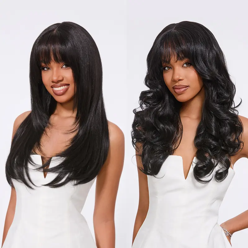 Frodio Veralux™ Blend Human Hair Layered Wavy Wig with Curtain Bangs Pre-Cut Lace #summervibes
