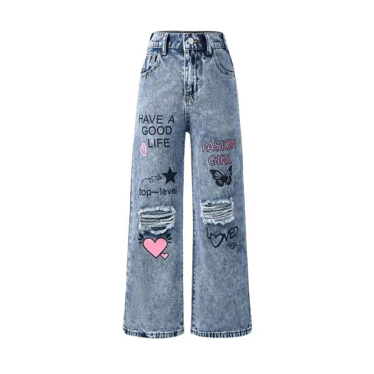 Girl's Cute Letter Graphic Jeans, Loose-Fit Ripped Denim, Durable Casual Bottoms for All Seasons Daily Outdoor Wear, Ripped Detail, Prop 65 Safe, Playful Look, Durable Fabric, Jeans Bottoms, Soft Denim Jeans