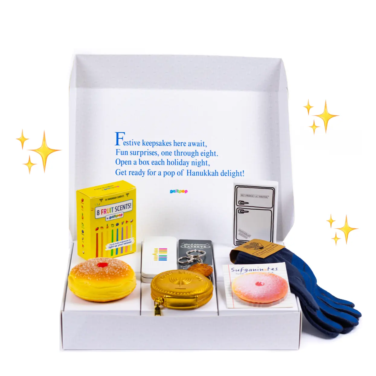 Geltpop 8-Night Hanukkah Surprise Box! No need to hunt for eight different presents ... we’ve got you covered! This all-in-one bundle is an unforgettable treat for your holiday host, college student, or anyone you want to delight. 