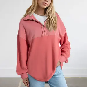 Shewin 2026 Spring Women's Cozy Oversized Waffle Knit Half-Zip Pullover Long Sleeve Sweatshirt - Cotton Polyester Comfy Casual Knitwear for Daily & Spring Outfits SpringStatements