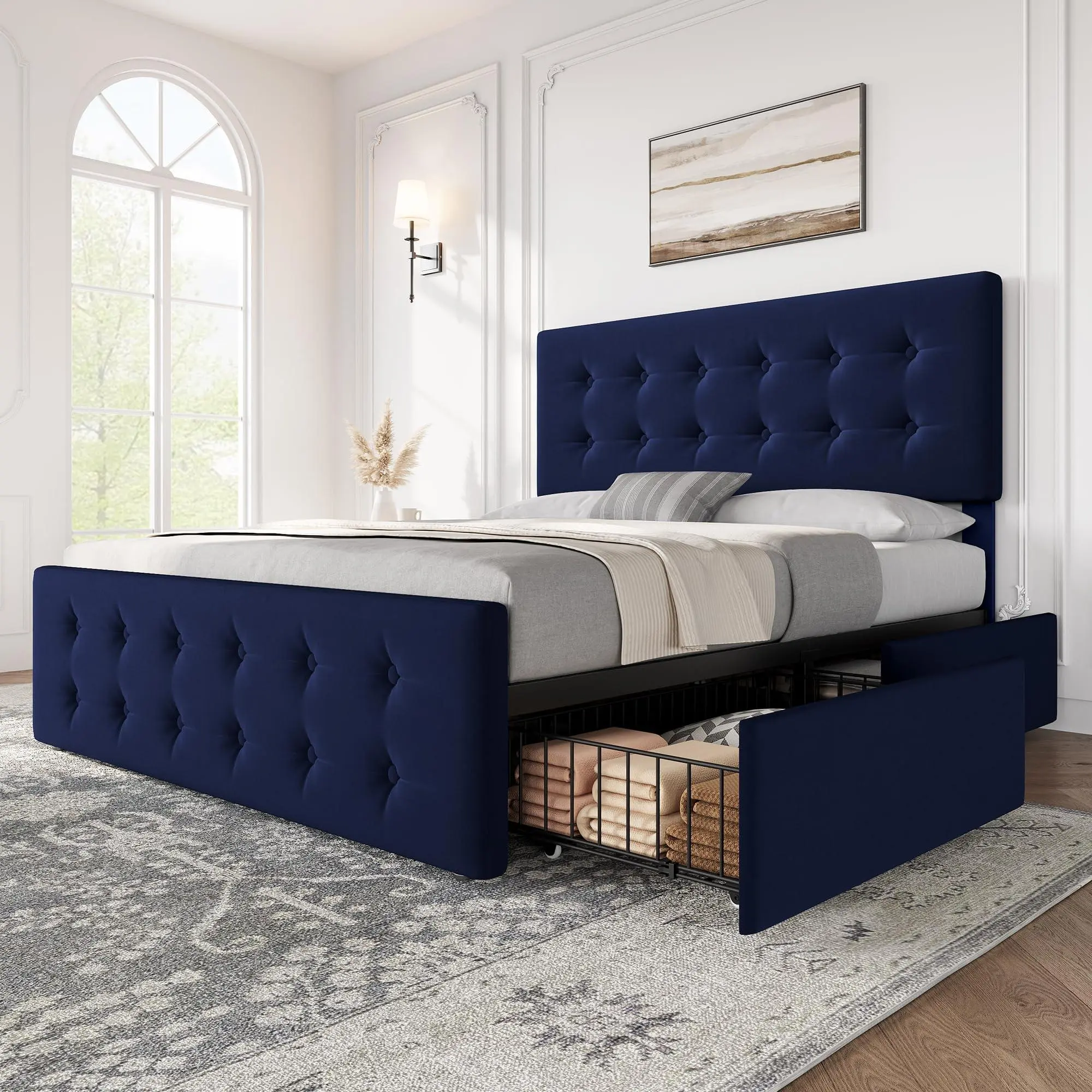 Blue Velvet Upholstered Full Size Bed Frame with 4 Storage Drawers, Fabric Upholstered Headboard, Button Tufted Design, Slatted Bed Base (Wooden Slats Support), No Box Spring Needed, Upholstered Bed Frames