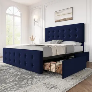 Full Size Bed Frame with 4 Storage Drawers and Headboard,Blue Velvet Upholstered Platform Bed Frame with Wooden Slats Support, Button Tufted Design, No Box Spring Needed,