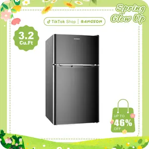 BANGSON 3.2 Cu.Ft Mini Fridge, Double Door Small Refrigerator with Freezer, Adjustable Thermostat, Energy-Efficient, Compact Refrigerator, Quiet Operation, LED Interior Light, Household Appliances