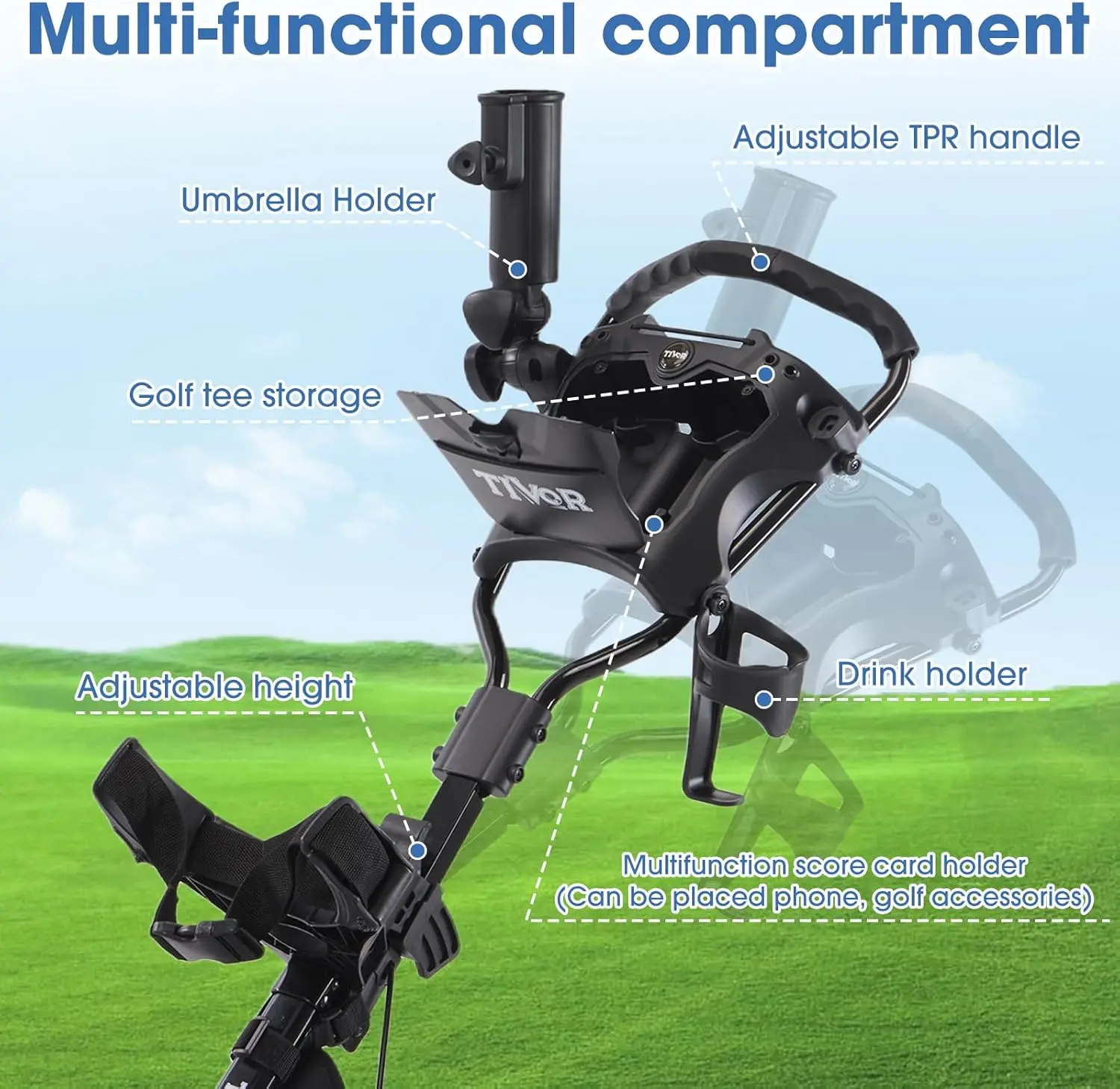 Tivor 3-Wheel Golf Push Cart – Lightweight, Compact Quad-Fold