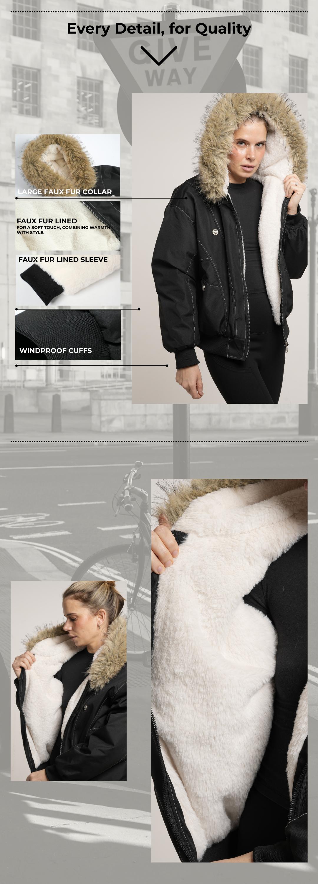 PUFFIT STM-TEX Faux Fur Lined Waterproof Bomber Jacket With Faux Fur Collar Hood,Elegant And Sophisticated,Enhances Warmth, Providing A Soft,Beautiful And Warm, Offering Both Style And Practicality,Y2K Style SpringStatements