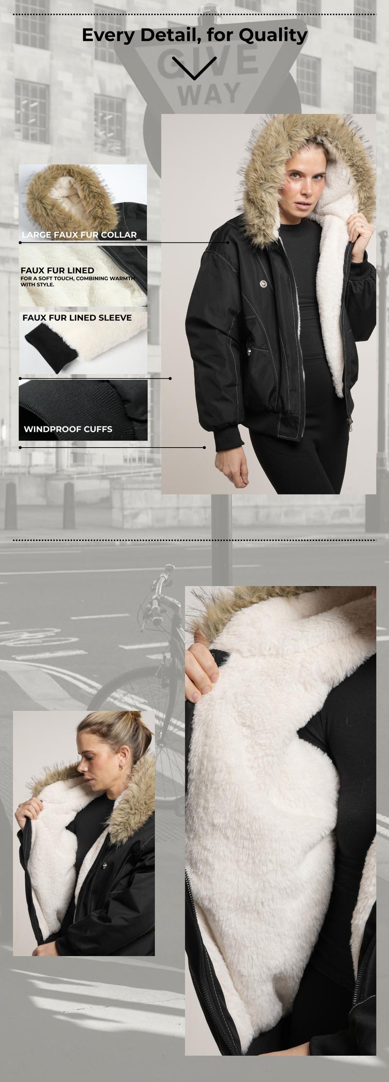 PUFFIT STM-TEX Faux Fur Lined Waterproof Bomber Jacket With Faux Fur Collar Hood,Elegant And Sophisticated,Enhances Warmth, Providing A Soft,Beautiful And Warm, Offering Both Style And Practicality,Y2K Style