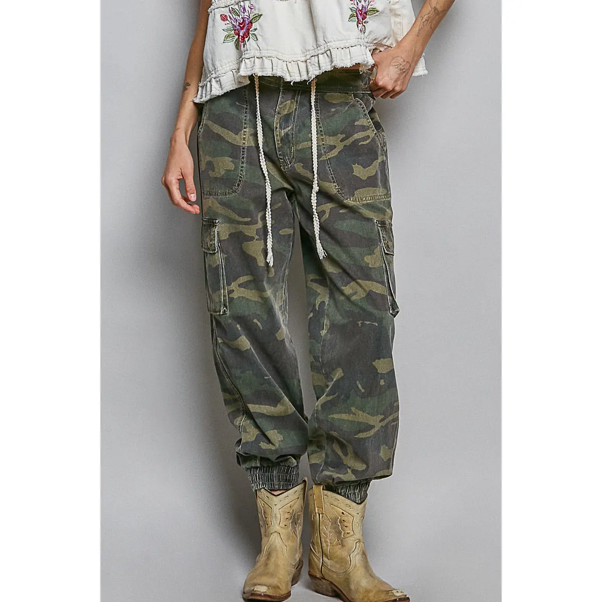 Camo Twill Jogger Pants with Box Pockets
