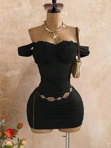 Soleia Women's 3D Floral Decor Off-Shoulder Ruched Fitted Elegant Mini Dress, Red Dress For Women , New Year Women , Christmas Clothes,Party Dress, Ruched Redched Ruched Red Ruched Dress,New Year Dress, Party Outfit