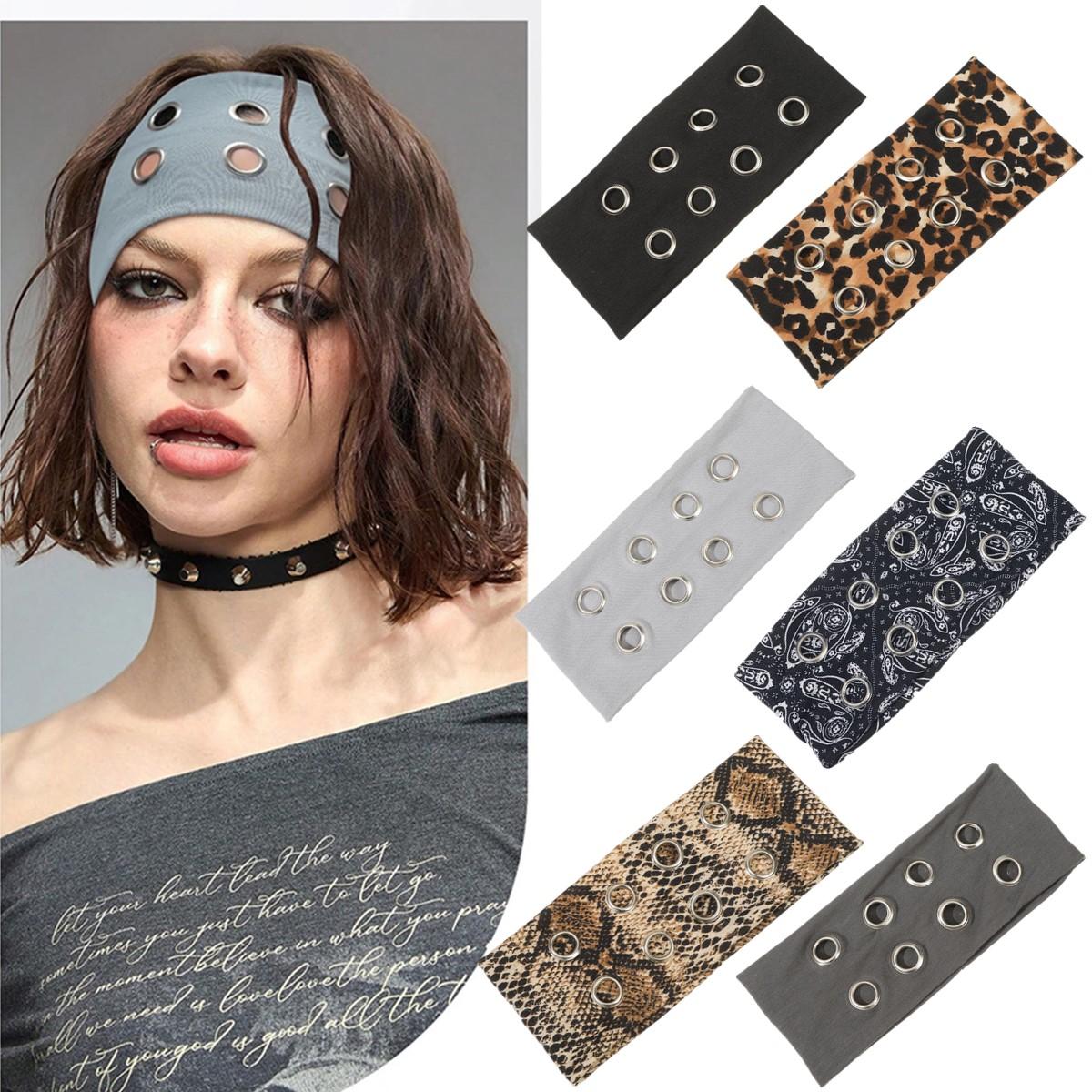 Punk Women Hollow Out Metal Eyelets Elastic Headband Y2k Punk Girls Rock Stretchy Wide Hairbands Headwear Hair Accessories