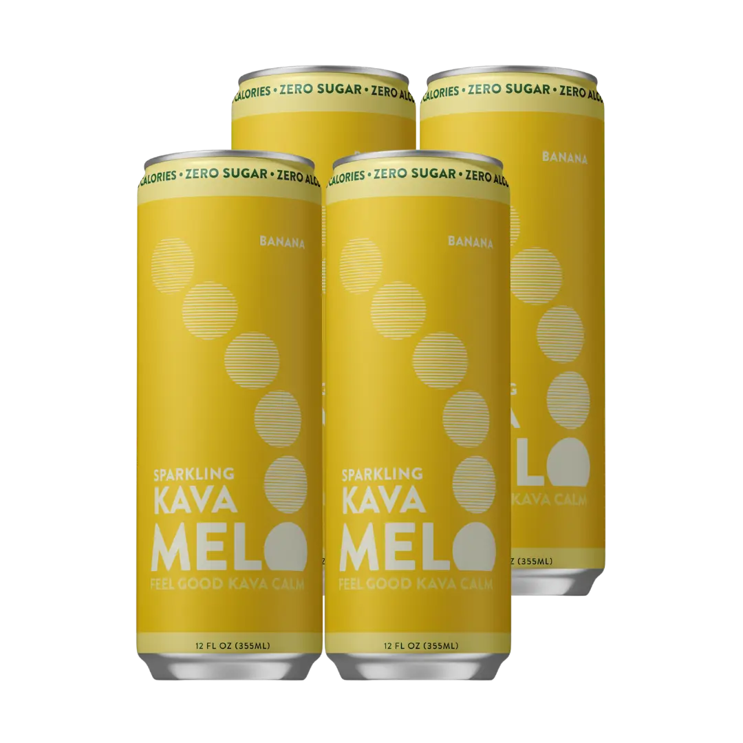 Melo 4pk Sparkling Kava Drink, Banana Cream, Sugar Free Non Alcoholic Drinks with Zero Calories, Gluten Free, Vegan, 100% Natural Mocktail with 750mg Kava Root per Drink, 12 oz Cans
