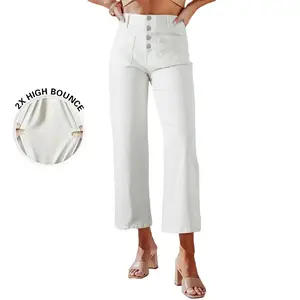 Women's wide leg jeans, high waisted elastic straight leg jeans, button loose denim pants with pockets