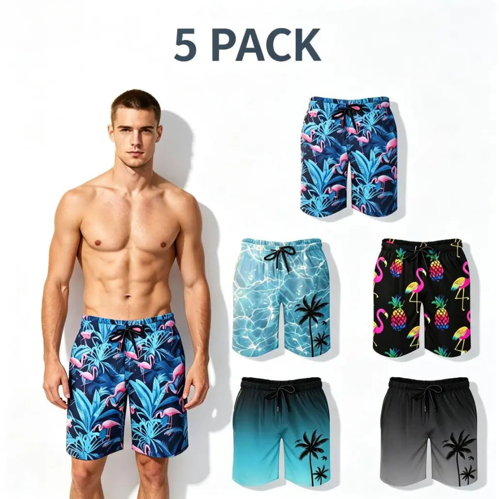 Men's 5-Pack Polyester Quick-Dry Swim Trunks, Tropical Flamingo Palm Print, Regular Fit Male Knee-Length Drawstring Beach Board Shorts for Summer UPF Protection